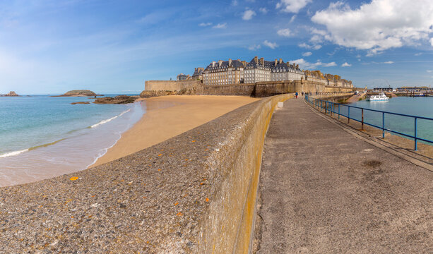Saint Malo Old Town and Beach Viewed from Harbor Breakwater, France