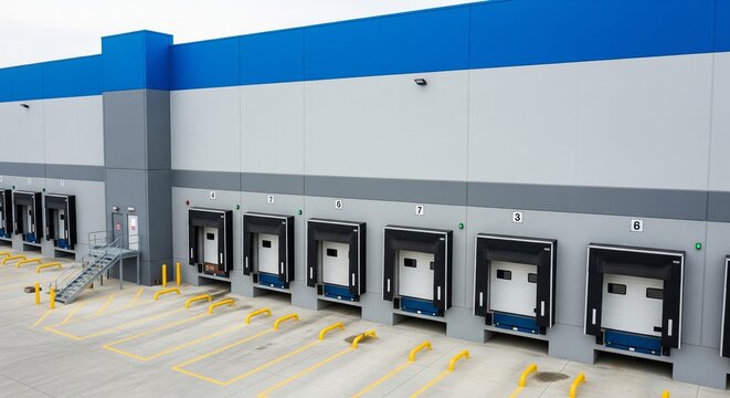 Modern industrial warehouse exterior with multiple loading docks and blue and gray facade, logistics