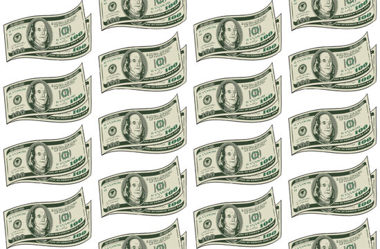 Seamless geometric money pattern with wavy bent 100 USD bills. Banknotes arranged in pairs in vertical rows, columns. Color illustration on transparent background