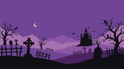 A spooky halloween background vector illustration featuring a dark haunted castle graveyard with silhouettes of trees and a crescent moon night sky © MstFatema