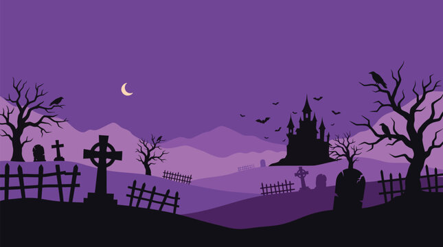 A spooky halloween background vector illustration featuring a dark haunted castle graveyard with silhouettes of trees and a crescent moon night sky