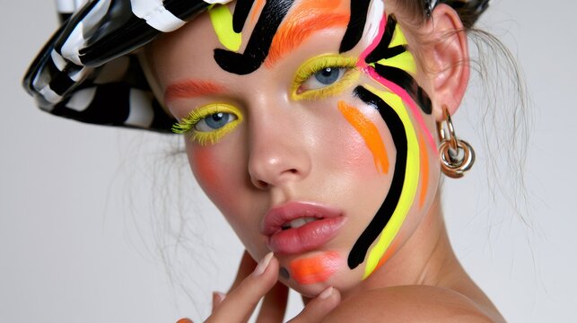Young model wearing vibrant avant garde face paint makeup