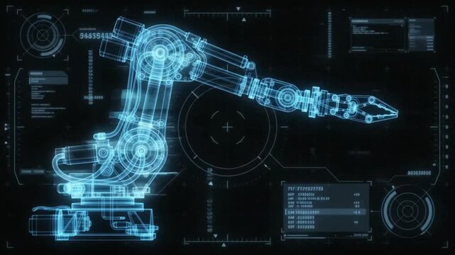 Futuristic Industrial Robotic Arm Wireframe Blueprint Hologram on Black Background