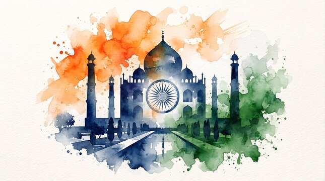 Taj Mahal watercolor illustration with Indian flag colors splash and ashoka chakra