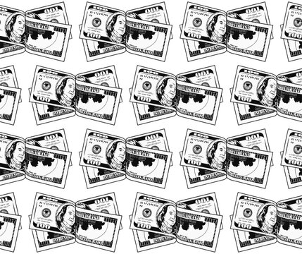 Seamless geometric pattern with folded in half 100 USD bills. Banknotes arranged in pairs in alternating grid. Black and white money illustration on transparent background