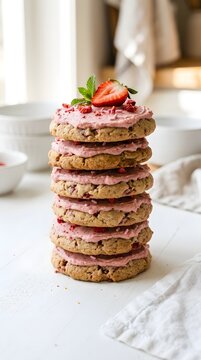Stack of strawberry frosting sandwich cookies with fresh berry and mint garnish white fabric background