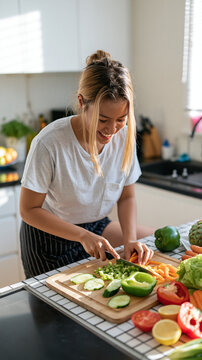 Beautiful Asian Woman Preparing Fresh Vegetables in a Bright Modern Kitchen