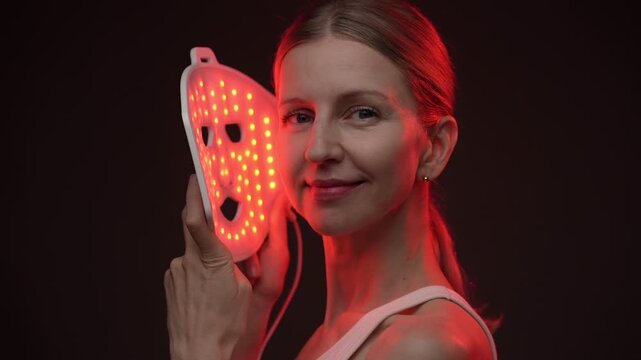 infrared light therapy LED mask. woman using the mask. relaxed smiling face, profile side view.  black  background. Contrast red light. horizontal composition video footage