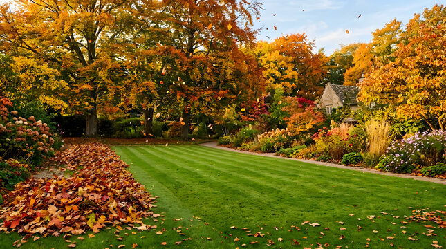 Vibrant autumn garden with stone cottage | Falling leaves on manicured lawn in fall | English countryside landscape in October | Colorful seasonal foliage in backyard garden