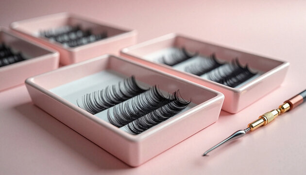 Professional eyelash extension trays with lash applicator on pink background, closeup of professional lashmaker tools work