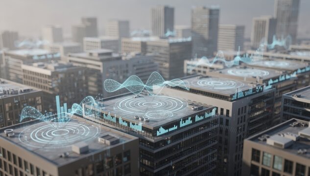Interactive 3D map with focused AI algorithms adjusting frequencies on building rooftops featuring an artfully blurred cityscape to enhance depth.
