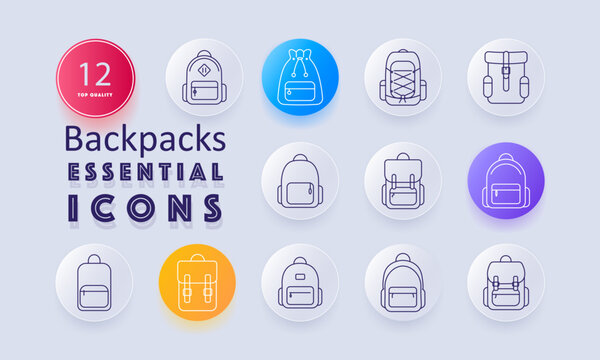 Backpacks set icon. Casual knapsack, drawstring carrier, lace-up pack, top flap design, compact daypack, utility satchel, travel accessory, front compartment, shoulder support, academic gear