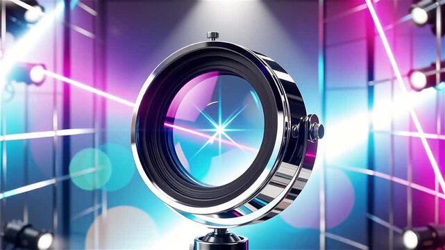 Camera lens with neon laser light rays motion in studio and cinematic professional optics.