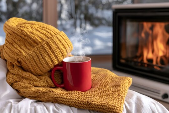 Steaming mug and warm knitted clothes near fireplace in winter