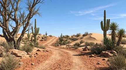 Winding desert road passes by saguaro cacti under a blue sky. Perfect for travel brochures and adventure banners. © Anna