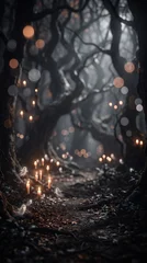 Spooky forest at night with glowing candles and small ghostly lights hanging among twisted trees. Ideal for Halloween backgrounds, fantasy book covers and horror themed web banners. © Anna