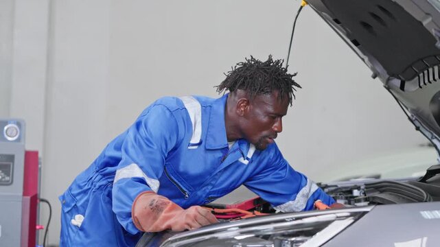 Automotive technician in blue coveralls repairing car engine using various tools in a well equipped workshop