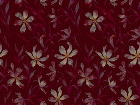 Burgundy red vintage floral seamless pattern background with elegant lily flowers. Rich dark red tropical botanical vector background for luxury fabric, wallpaper, card design, and packaging.