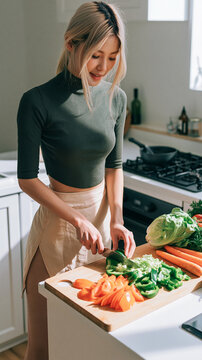 Beautiful Asian Woman Preparing Fresh Vegetables in a Bright Modern Kitchen