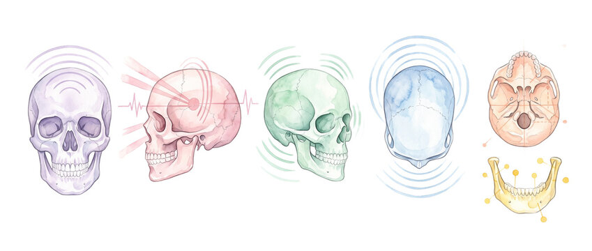 Human skull headache pain illustration showing brain waves and migraine symptoms with colorful anatomical skulls, jaw joint pressure points, and medical neurology stress concepts on black.