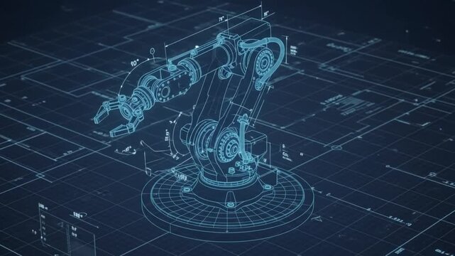Futuristic Industrial Robotic Arm Blueprint on Dark Grid Background - 3D Wireframe Engineering Design