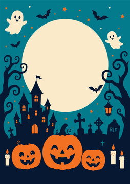 A spooky halloween background vector illustration featuring a haunted castle pumpkins ghosts and a full moon for your holiday party design