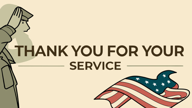 Veterans Day vector banner with saluting soldier US flag and text "THANK YOU FOR YOUR SERVICE" on vintage background