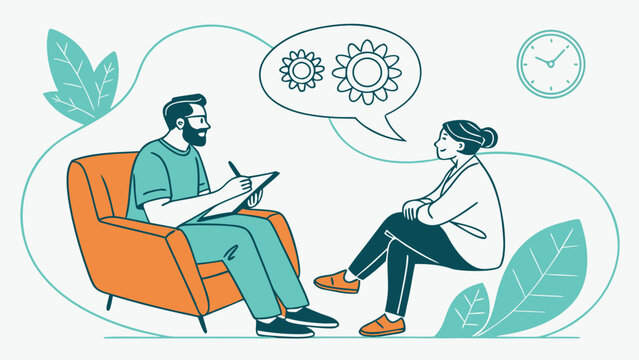 Male therapist with clipboard listening to patient during psychotherapy session for World Mental Health Day vector illustration