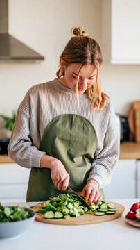 Beautiful Asian Woman Preparing Fresh Vegetables in a Bright Modern Kitchen