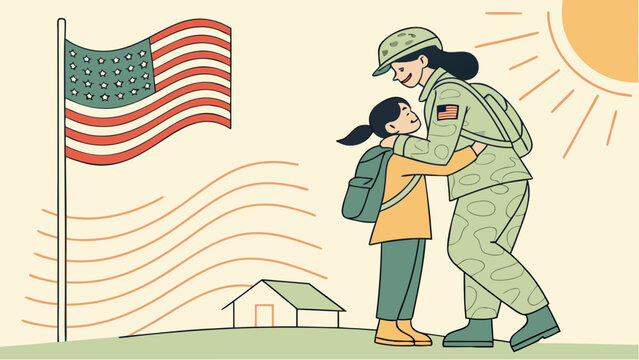 Female American soldier hugging her daughter returning home with US flag vector illustration for Veterans Day