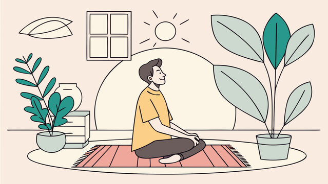 Man meditating at home surrounded by houseplants for World Mental Health Day flat vector illustration