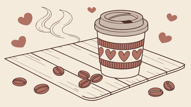 Cozy paper coffee cup with knitted heart sleeve roasted coffee beans and steam for International Coffee Day vector illustration