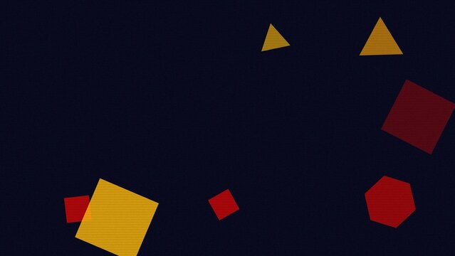 Geometric shapes floating on dark blue backdrop.
