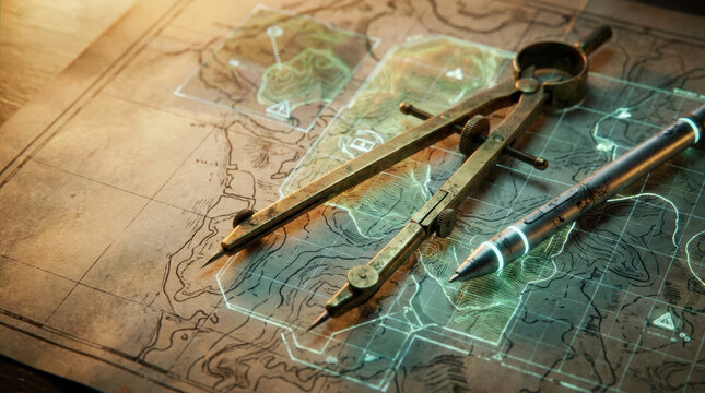 Global risk assessment series map survey compass instrument pen drafting paper navigation chart topographic map travel exploration strategy