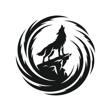 Howling wolf silhouette on a rock peak surrounded by a stylized swirling circle pattern