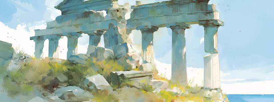 Large ancient Greek temple structure on a grassy hill. Watercolor illustration of a classical colonnade under a blue sky. Historic monument scenery