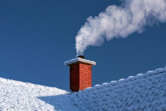Chimney smoking on a snowy roof under blue sky