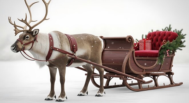 A majestic reindeer harnessed to a classic wooden sleigh filled with christmas gifts and pine branches, standing in a snowy winter landscape