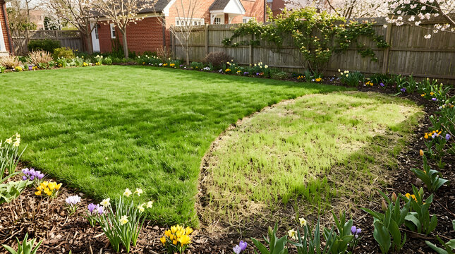 Spring backyard lawn restoration project | Residential garden flower beds with blooming daffodils | Suburban landscaping with new grass seed growth | Green manicured lawn with wooden privacy fence