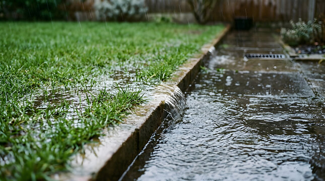 Backyard flooding during heavy rain storm | Poor garden drainage system issues | Rainwater runoff from lawn to patio | Stormwater management in residential yard