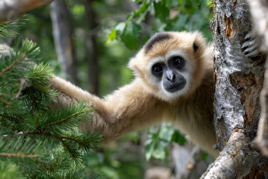 Gibbon primate peeking from behind tree trunk