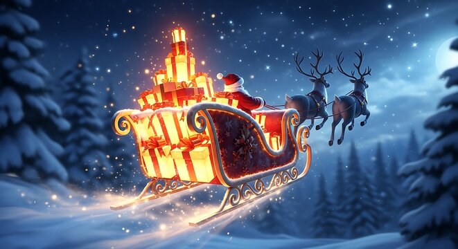 Santa claus flying in a magical sleigh filled with glowing christmas gifts over a snowy winter forest landscape under a starry night sky