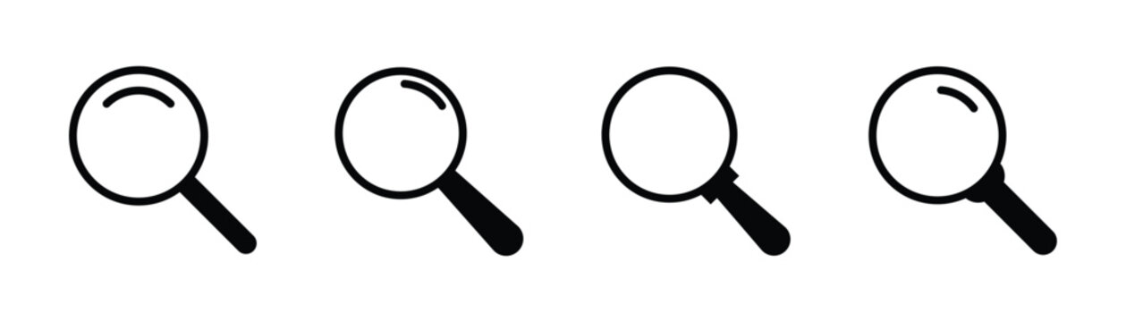 Hand drawn magnifier glass tools vector icon used to represent search functions and zoom controls. Black magnifying glass isolated on white background.