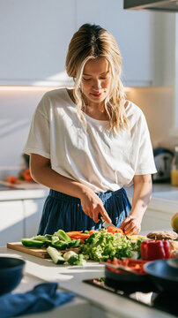 Beautiful Asian Woman Preparing Fresh Vegetables in a Bright Modern Kitchen