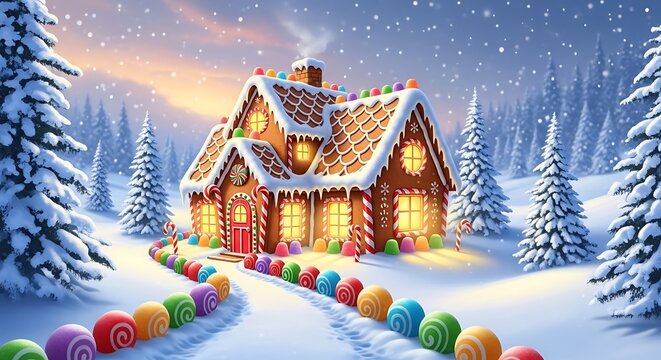 A whimsical gingerbread house nestled in a snowy winter forest landscape at sunset with a candylined path leading to the front door