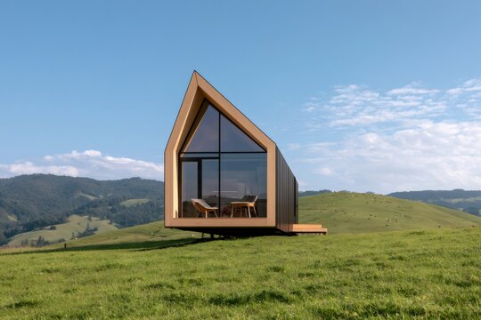 Modern tiny house cabin blending into green nature landscape
