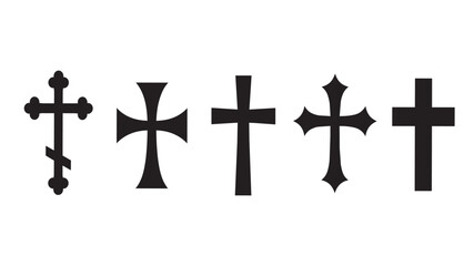 Fototapeta premium Christian cross icons set, black religious crucifix silhouettes, 5 church cross symbols for spiritual graphic design and funeral stationery
