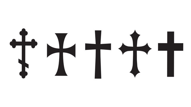 Christian cross icons set, black religious crucifix silhouettes, 5 church cross symbols for spiritual graphic design and funeral stationery