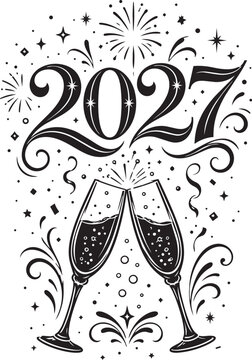 Happy New Year 2027 Champagne Toast Celebration Black and White Vector Illustration