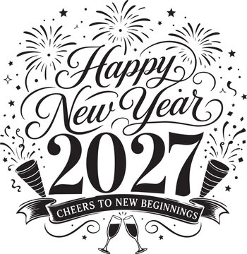 Happy New Year 2027 Cheers to New Beginnings Black and White Vector Illustration